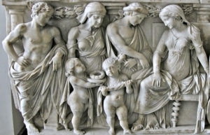 Roman sarcophagus showing Medea's children bringing gifts to Glauce