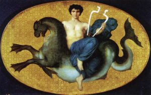 Arion, looking directly at the viewer, is holding a lyre and riding a sea-horse, his legs and waist wrapped in a blue mantle